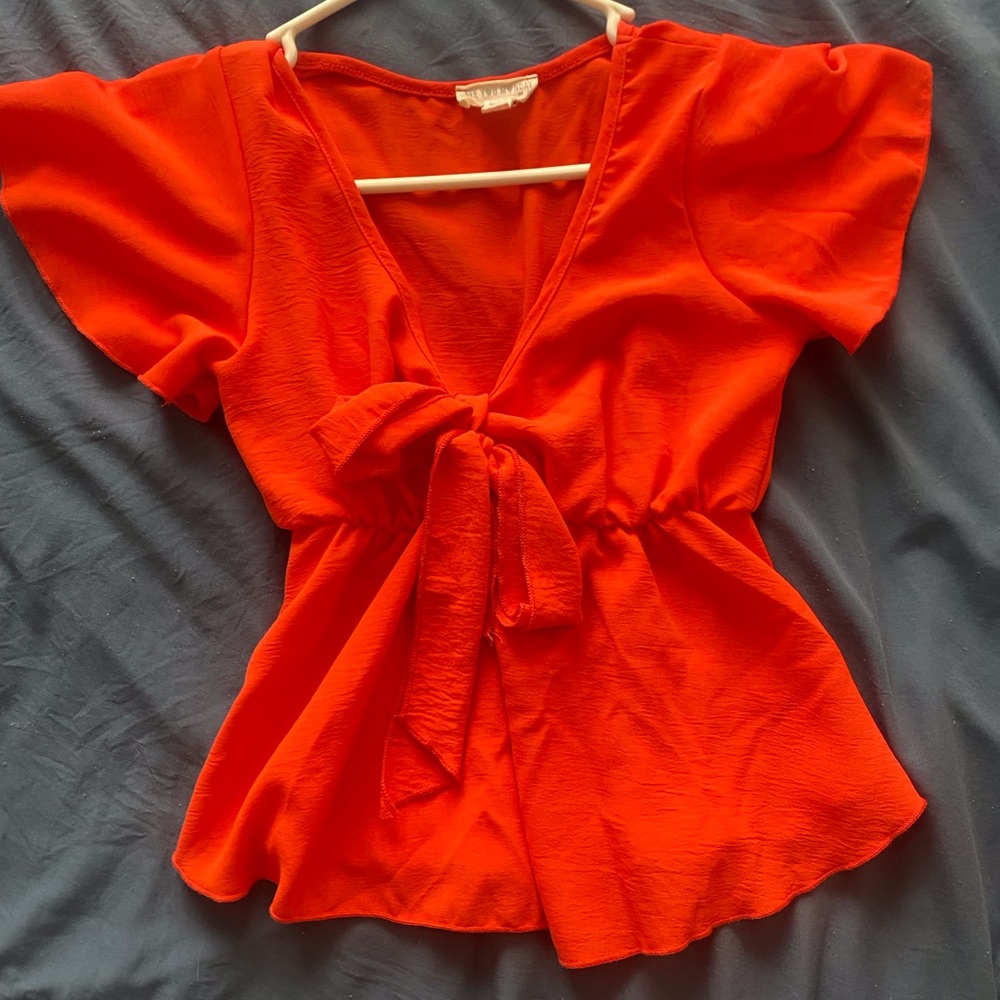 See You Monday Orange Tie Front Wrap Blouse